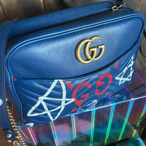 TRADED😍Gucci Rare GG Marking ghost Crossbody Chain Leather Bag Navy - Picture 2 of 14